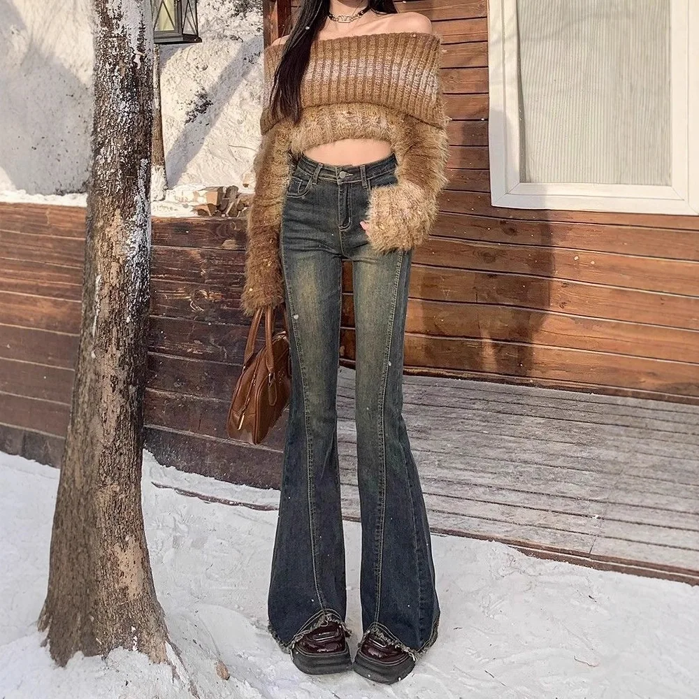 Cement gray high-waisted flared jeans for women, slim fit, stretchy, slimming bell-bottom pants for petite figures 2