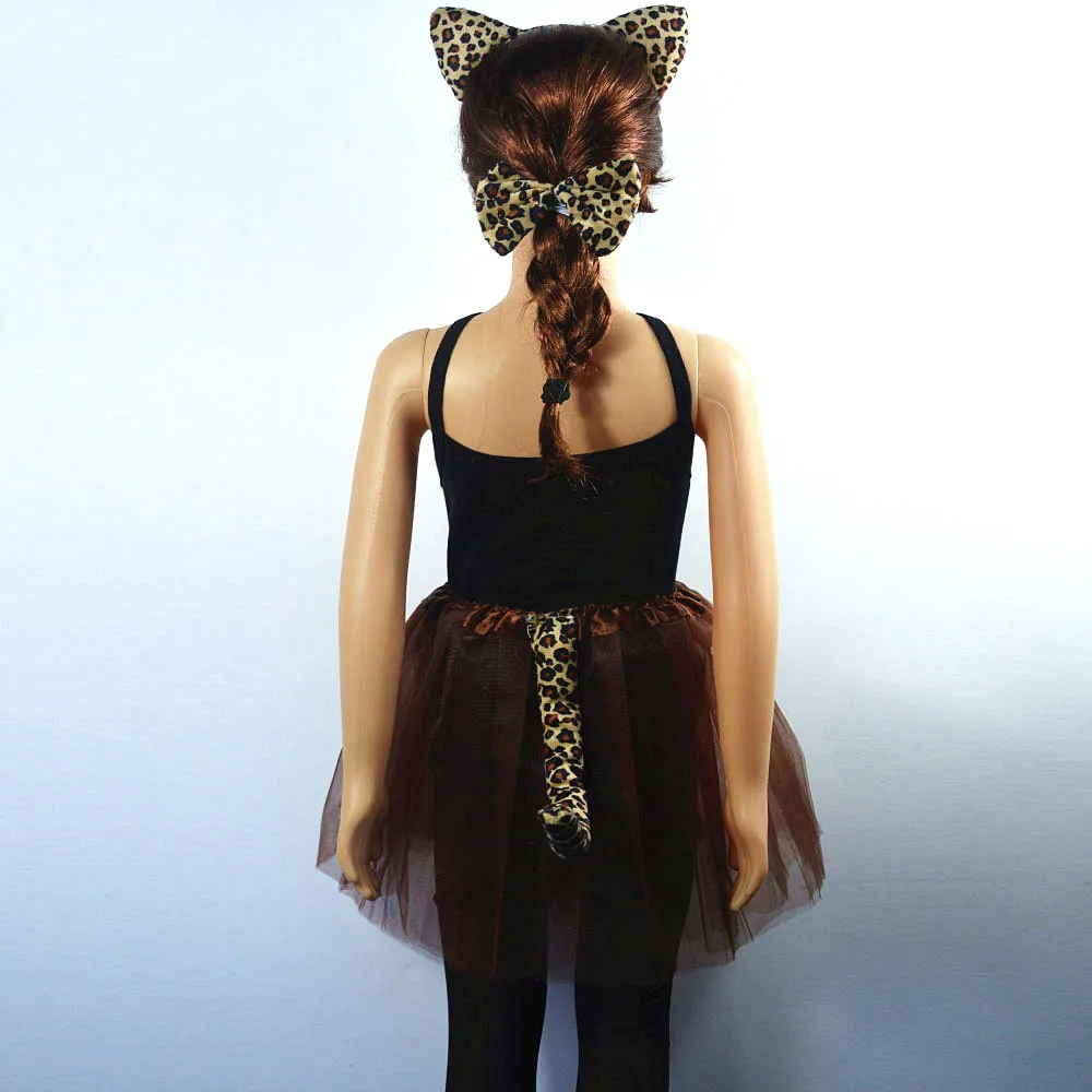 Costume Leopardata Bambina, Set di Costumi Gatto con Cerchietti Orecchie da Gatto Coda Papillon e Adesivi Viso, Leopardo, Accessori Costume Cosplay di Halloween Carnevale per Ragazze Donna (A