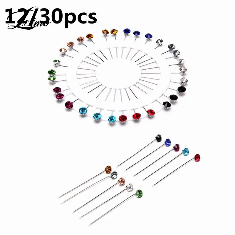 12/30 Pz/Set Di Cristallo Diamante Ruota Spilla Perni Lunghi Cucito Snag Per Il Cappello Da Sposa Sciarpa Hijab