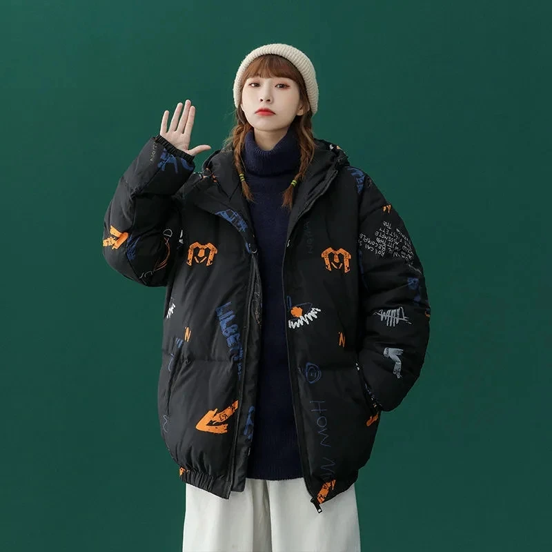 

Пуховик женский, зимняя куртка, новинка 2024, свободная утепленная куртка в Корейском стиле на белом утином пуху, женская верхняя одежда большого размера с принтом