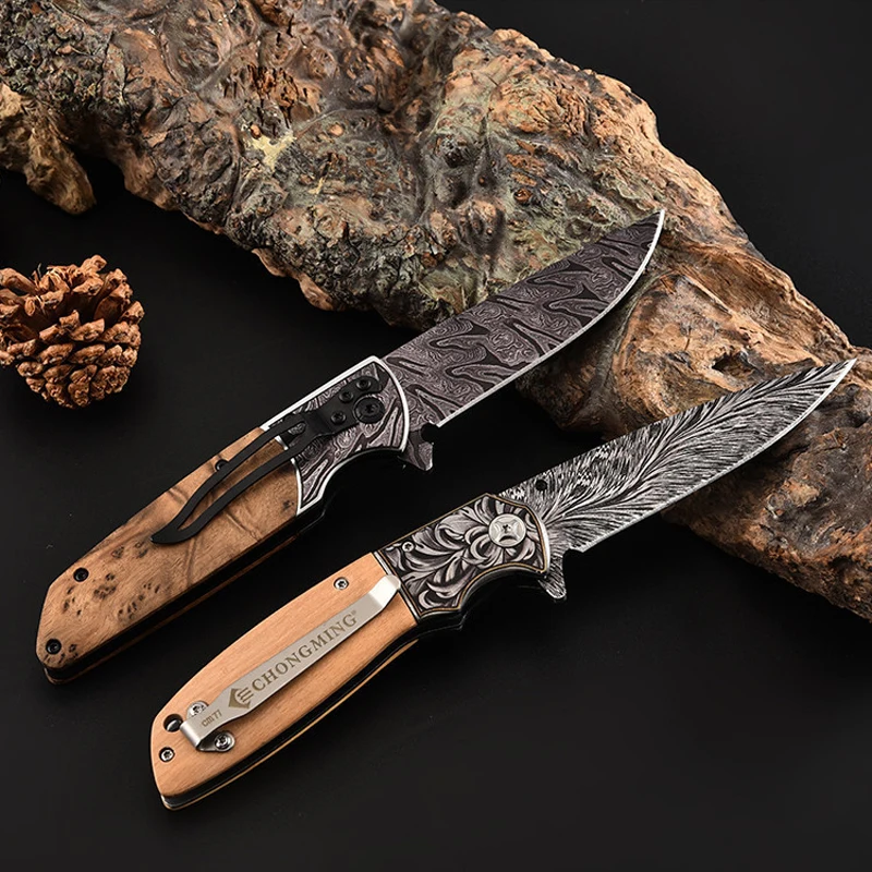 

8.6'' Damascus Straight Knife Knives Outdoor knife Folding Blade Camping Knife titanium Steel blade + wooden handle Pocket Knife