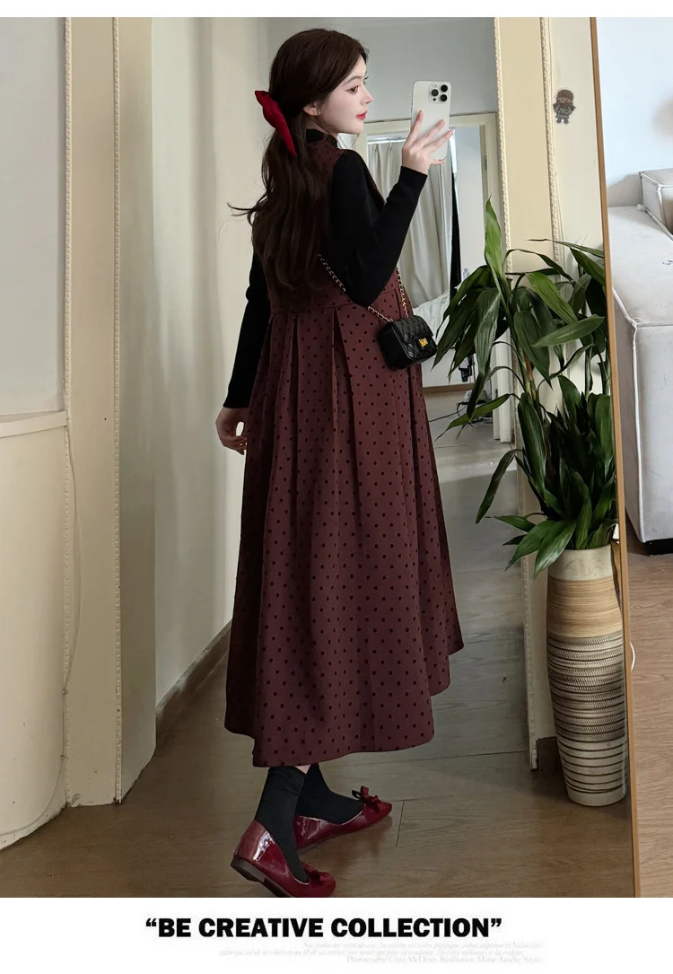 Plus Size Casual Maternity Outfit Set Autumn Long Sleeve Black Shirts Polka Dot Sundress Twinset Fashion Pregnant Woman Suits