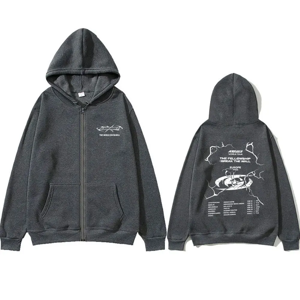 Korean Boy Team Ateez World Tour The Fellowship Break The Wall Graphic Zipper Hoodie Men Women Fashion Oversized Zip Up Jacket
