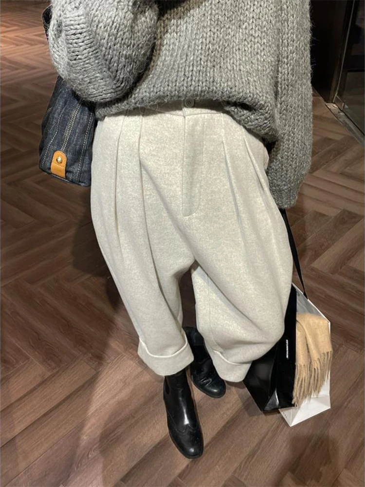 QWEEK Woolen Vintage Harem Pants Women Korean Dongdaemun 2023 Winter Loose Suit Pants Casual High Waist Soild Thick Trousers qweek white y2k cargo jeans women vintage high waist wide leg streetwear washed loose trousers hip hop baggy pants trashy 2000s