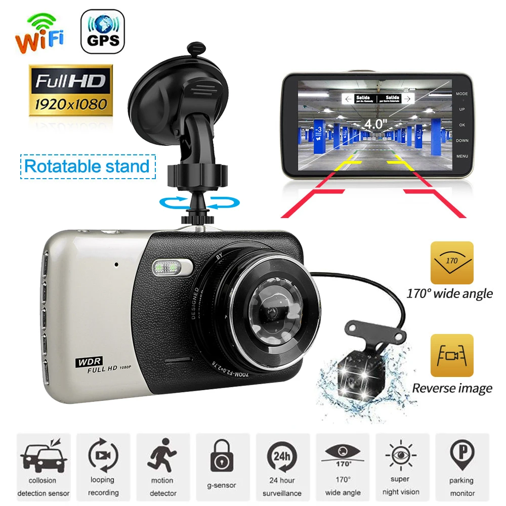 

Автомобильный видеорегистратор, Wi-Fi, 4,0 дюйма, Full HD, 1080P