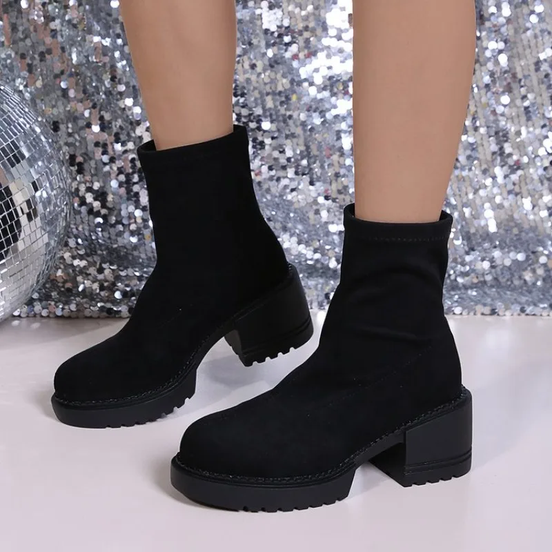 Women's Suede Platform Ankle Boots Round Toe Block Heel Casual_voghion.com