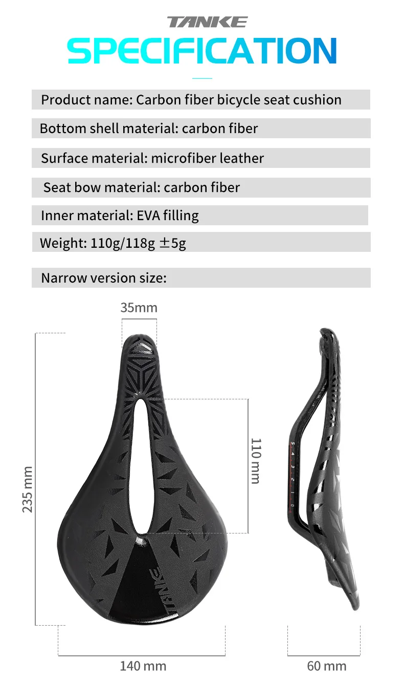 TANKE Fahrradsattel, ultraleicht, aus Kohlefaser, hohl, bequem, atmungsaktiv, MTB, Kies, Rennrad, Sitzgelegenheit, Cus, kurze Nase, sicher – Detail 3