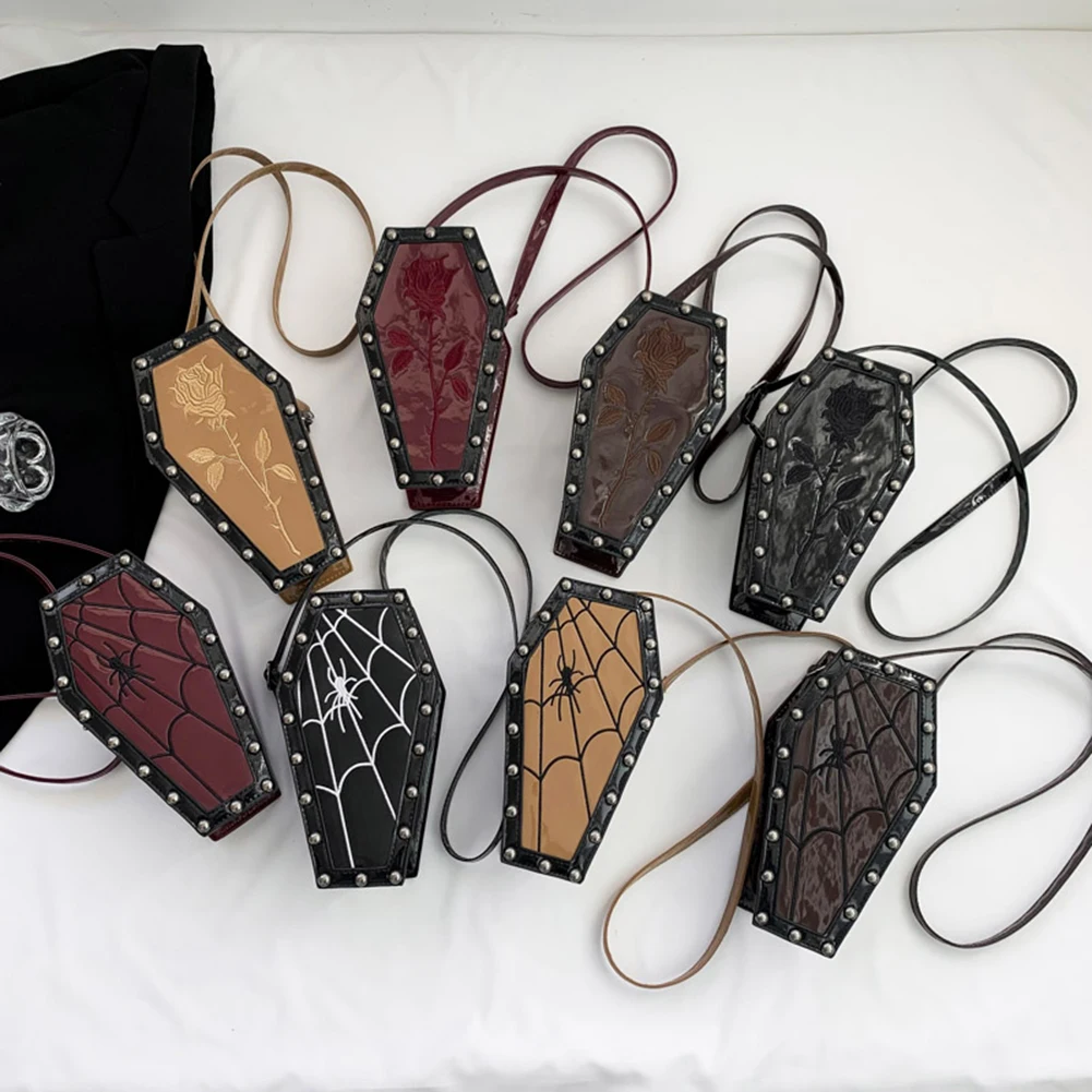 Women Coffin Satchel Purse Strap Adjustable Gothic Coin Purse PU Leather Spider Coffin Bag Y2K Cellphone Bag Halloween Candy Bag — view 3