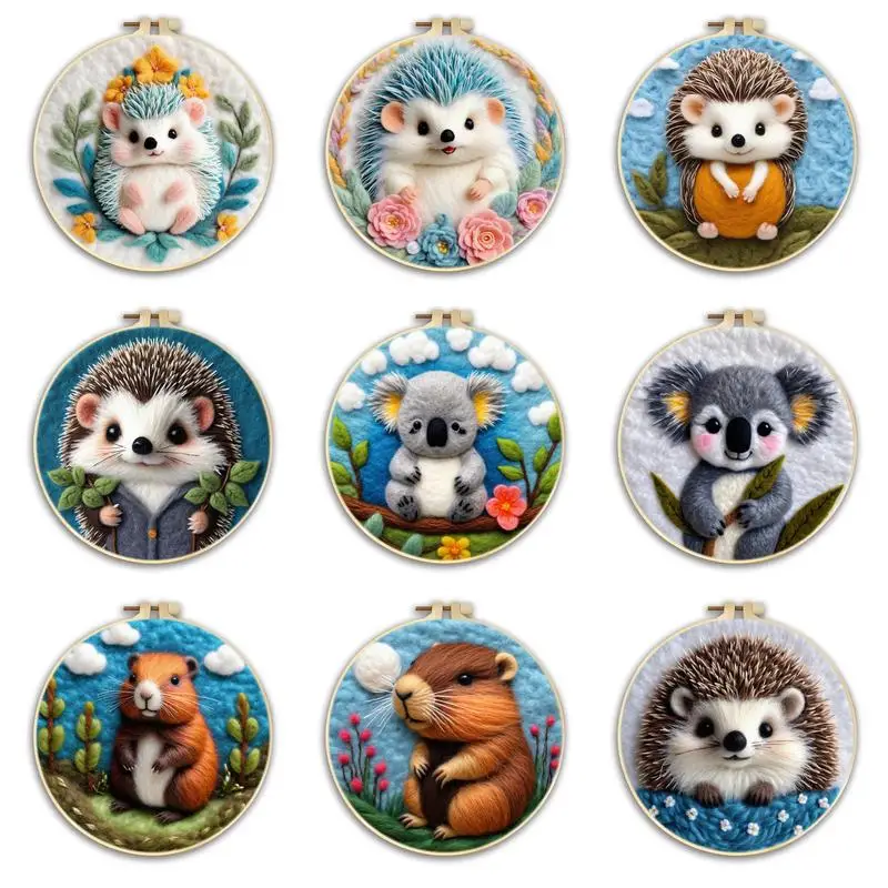 20x20cm Frame Wool Felting Painting Kit Koala hedgehog Kapibala Animal Diy Felt for Home Decoration