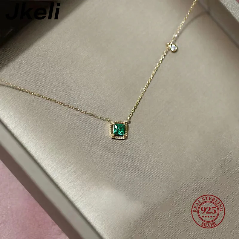 Jkli S925 Sterling Zilver Eenvoudige Smaragdgroene Kristallen Ketting Vrouwen Licht Luxe Temperament Plating 14K Goud Jood Nieuwe Stijl