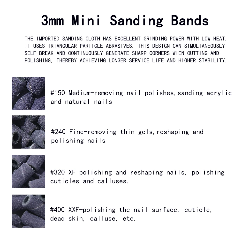 3mm Nail Sanding Bands 150/240/320/400 Grit Mini Black-Purple Drill Bit Electric Nail File Accessory Polishing Manicure Tool nail drill bit nail drill bits nail sanding bands