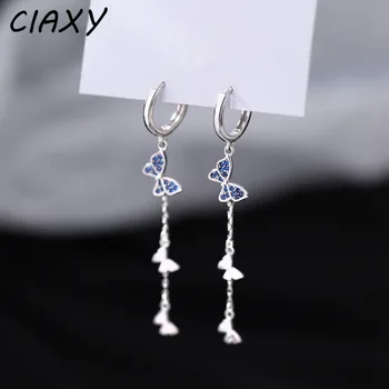 CIAXY-여성을 위한 실버 컬러 나비 귀걸이, 우아한 블루 지르콘 긴 술 귀걸이 귀 버클 패션 쥬얼리