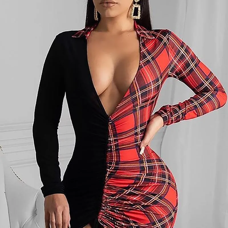 

2024 Spring Summer New Women's Plaid Stitching Deep V-neck Long-Sleeve Skinny Dress