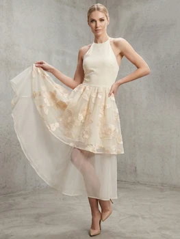 Sexy Halter Neck Embroidered Flower Pacthwrok Long Dress Women Beige Sleeveless Backless Floral A-line Dresses Evening Party Gow 1