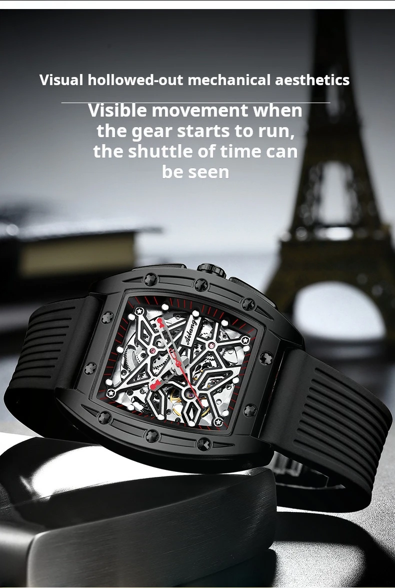 AILANG Brandneue Herrenuhr mit hohler mechanischer Uhr, modisches Lederarmband, wasserdicht, Skelett-Automatikuhr, Herren-Sportuhr_voghion.com