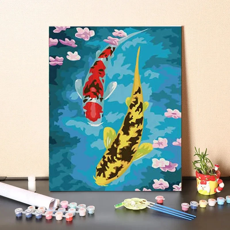 

Digital oil painting filling Chinese auspicious Ruyiyi Goldfish Carp Porch decoration color oil color acrylic painting