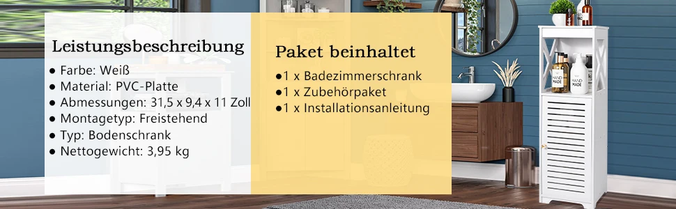 Badezimmerschrank, Bodenaufbewahrungsmöbel mit Tür und Fensterladen, Weiß, 26 x 20 x 75 cm, 3 Etagen, modern, Badezimmer – Detail 2