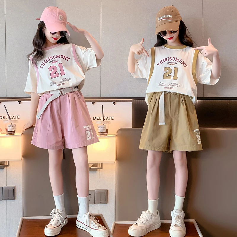 

2024 Korean Summer Junior Girl Tracksuit Elementary teen Girl Contrast Letter Printed T-shirt+short School 2-Piece clohtes Sets