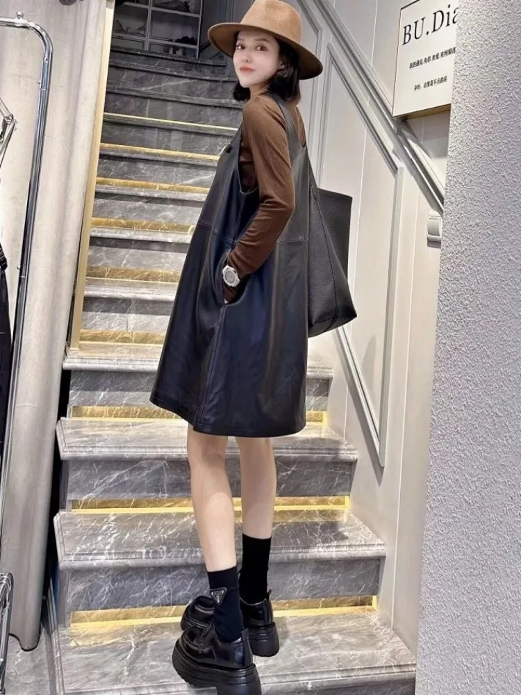 하이 스트리트 캐주얼 여성 탱크 드레스 패션 루즈 피트 오-넥 민소매 짧은 드레스 스위트 숙녀  가죽 a 라인 드레스