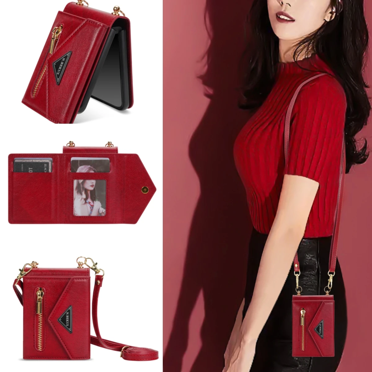 Elegant Crossbody Leather Wallet Phone Case with Card Slots and Lanyard Strap