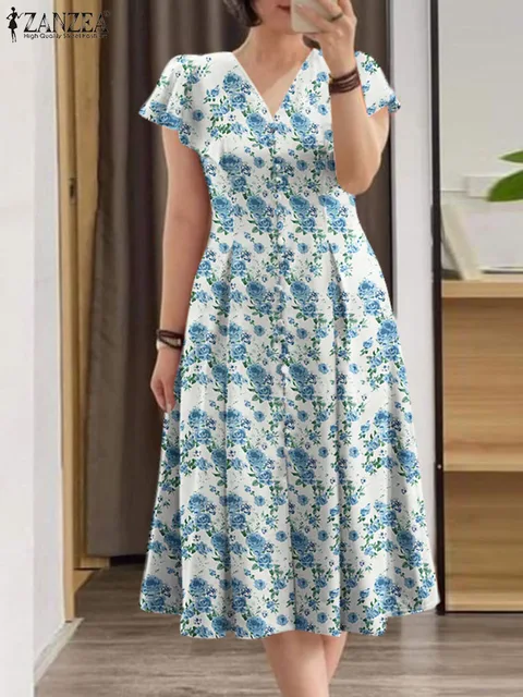 Elegant Floral Dress ZANZEA Women Summer Short Sleeve Party Sundress Robe Femme Causal Holiday Vestidos Bohemain Printed Dresses 2