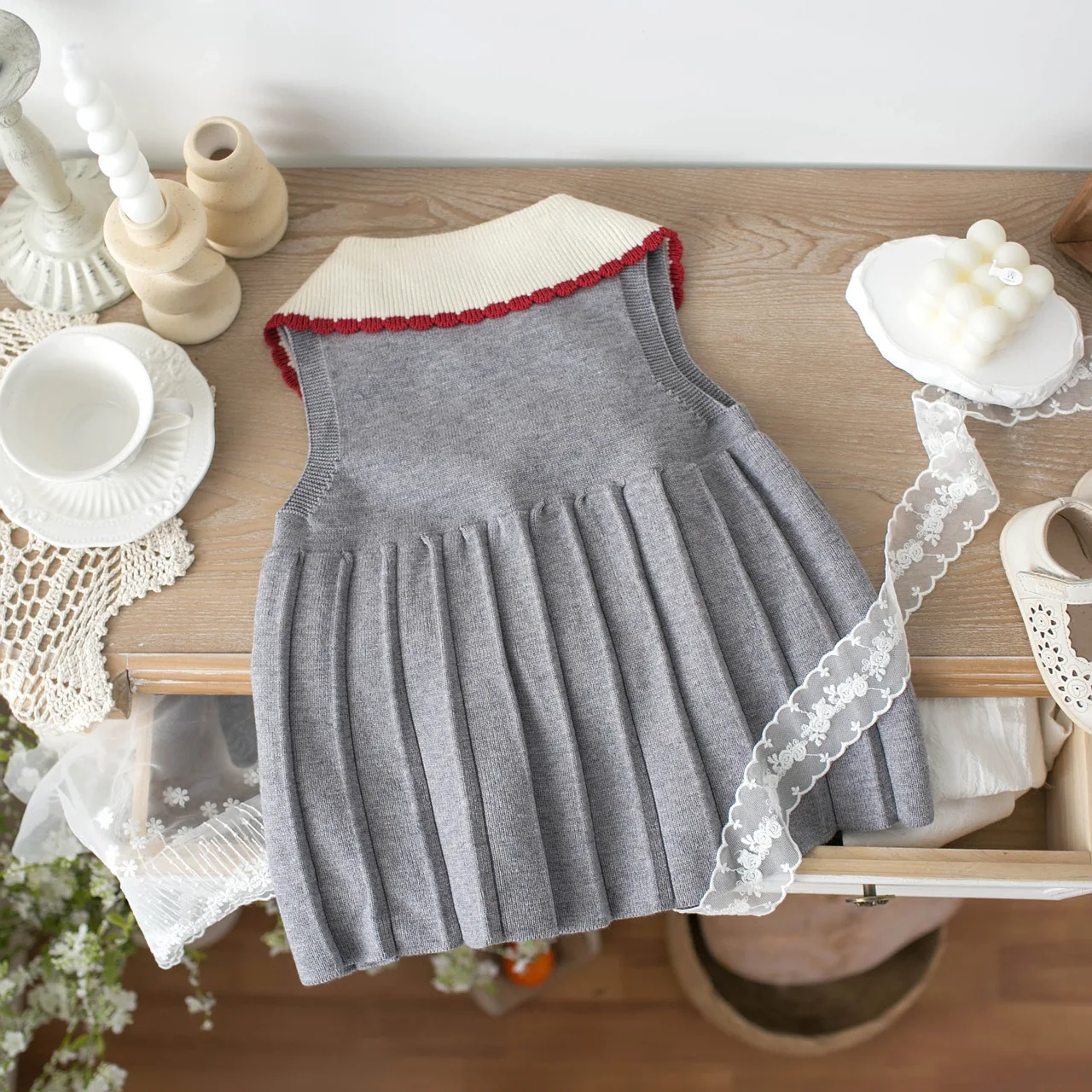 여아 봄옷  칼라 체리 자수 스웨터 꽃단추 원피스 달콤하고 부드러우며 통기성 좋은 조끼 탑