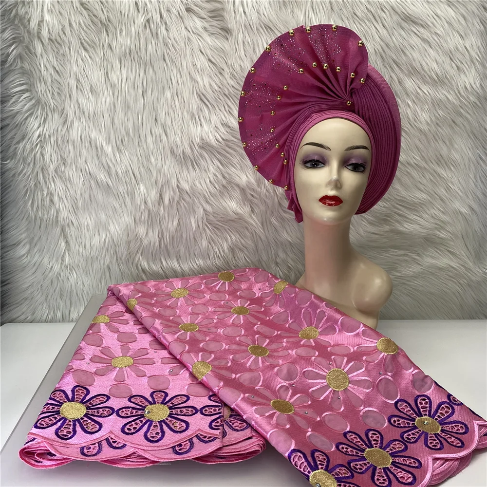 

Nigerian Gele Headtie Aso Oke Gele Already Made Auto Gele Aso African Turban Cap With 5yards Cotton Lace Fabric for Dress Z220-1