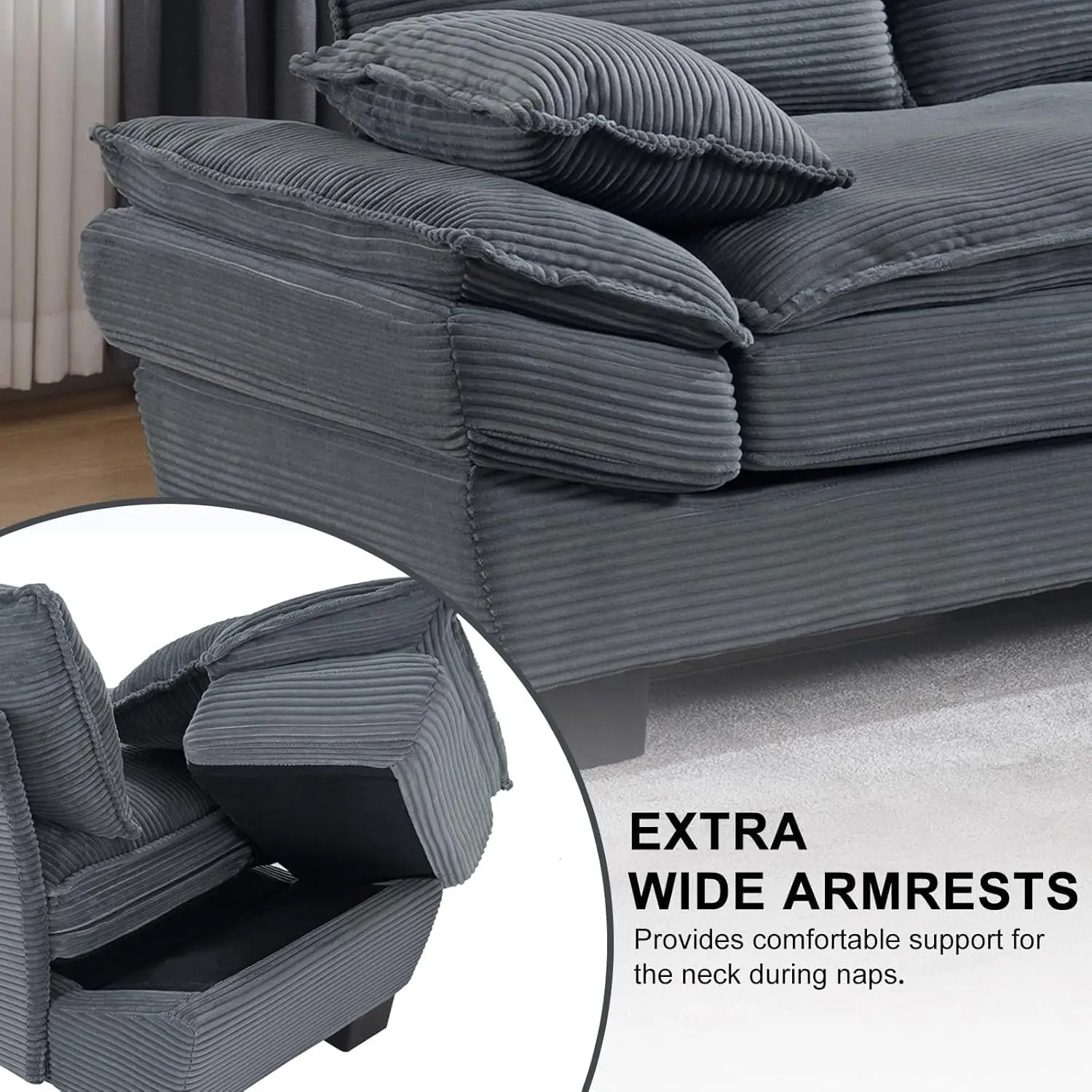 90" Oversized Loveseat Sofa Modern Corduroy Loveseat Couch Comfy Deep Seat Upholstered Sectional Sofa with Pillows