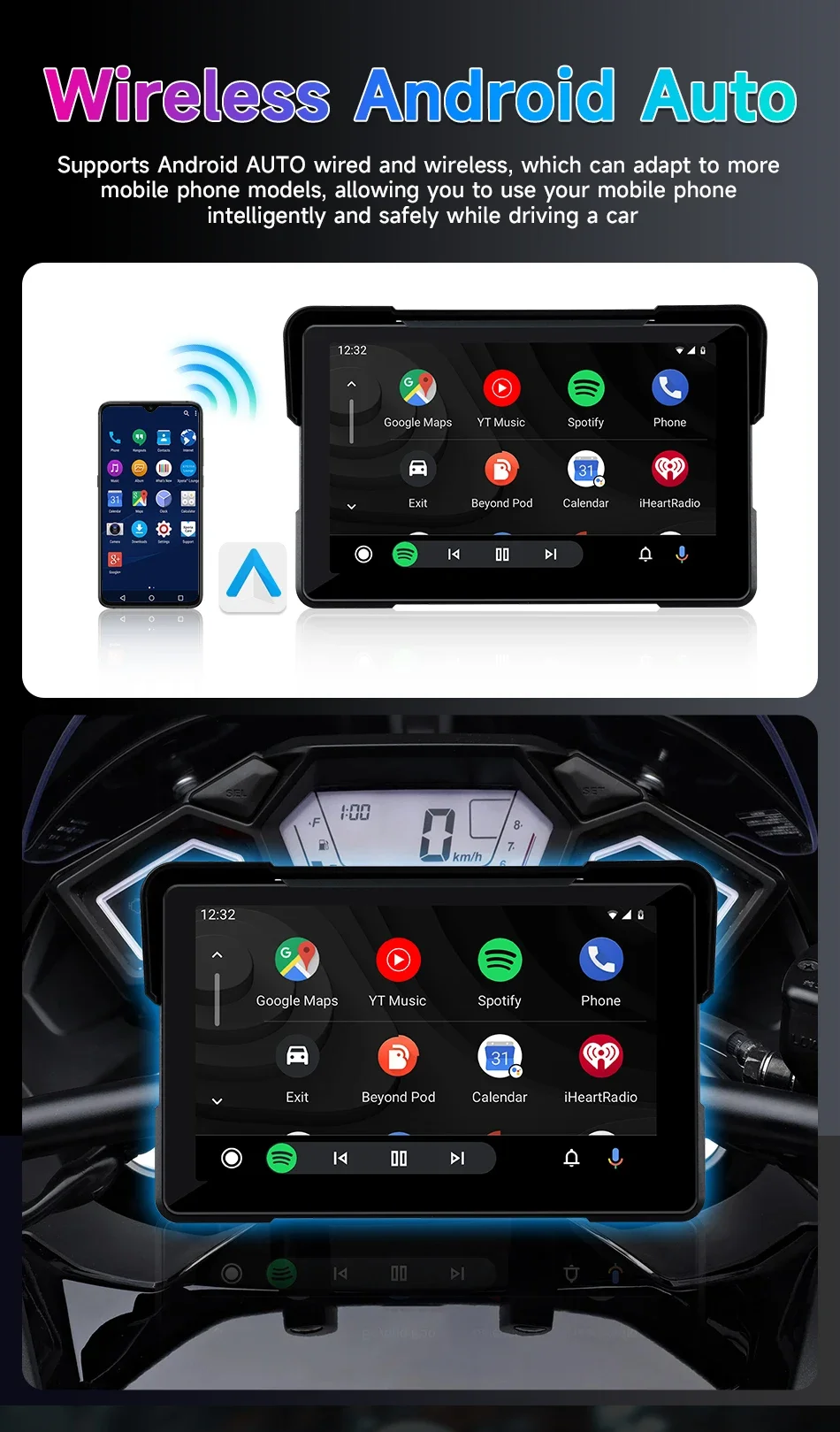 Srnubi 7 Zoll 2K HD Motorrad DVR Navigation GPS Wireless CarPlay Android Auto Airplay Display Tragbarer Moto-Monitor – Detail 6