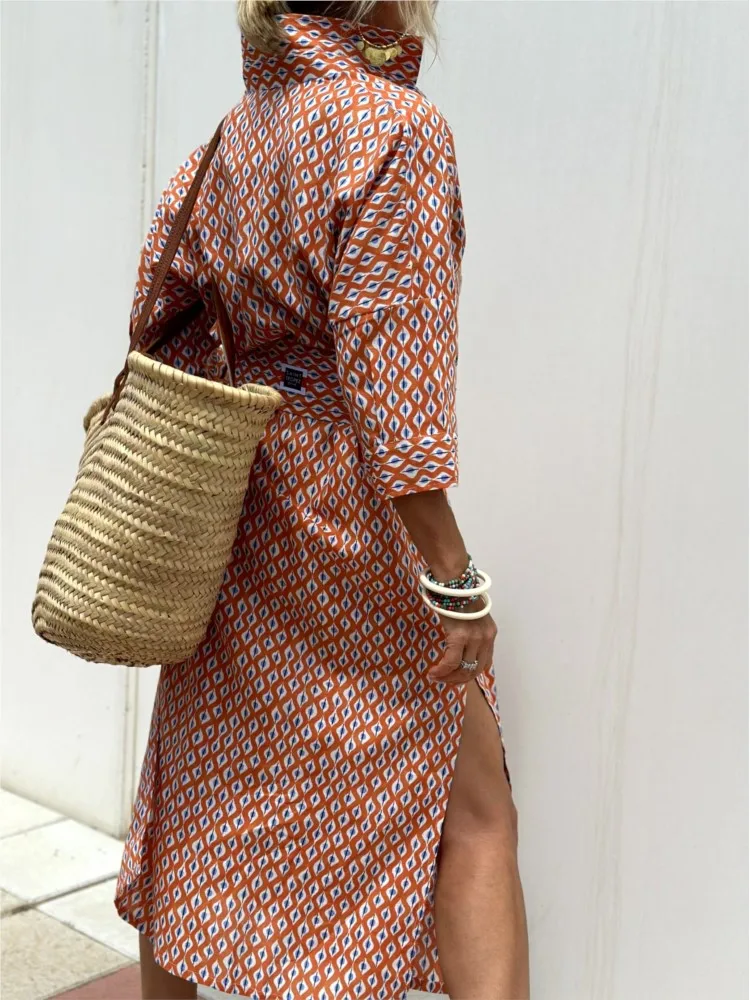 Ladies Shirt Dress 2024 Autumn New Lapel Single Breasted Striped Printed Vestidos Elegant Lace Up Split Commuting Long Dresses 6