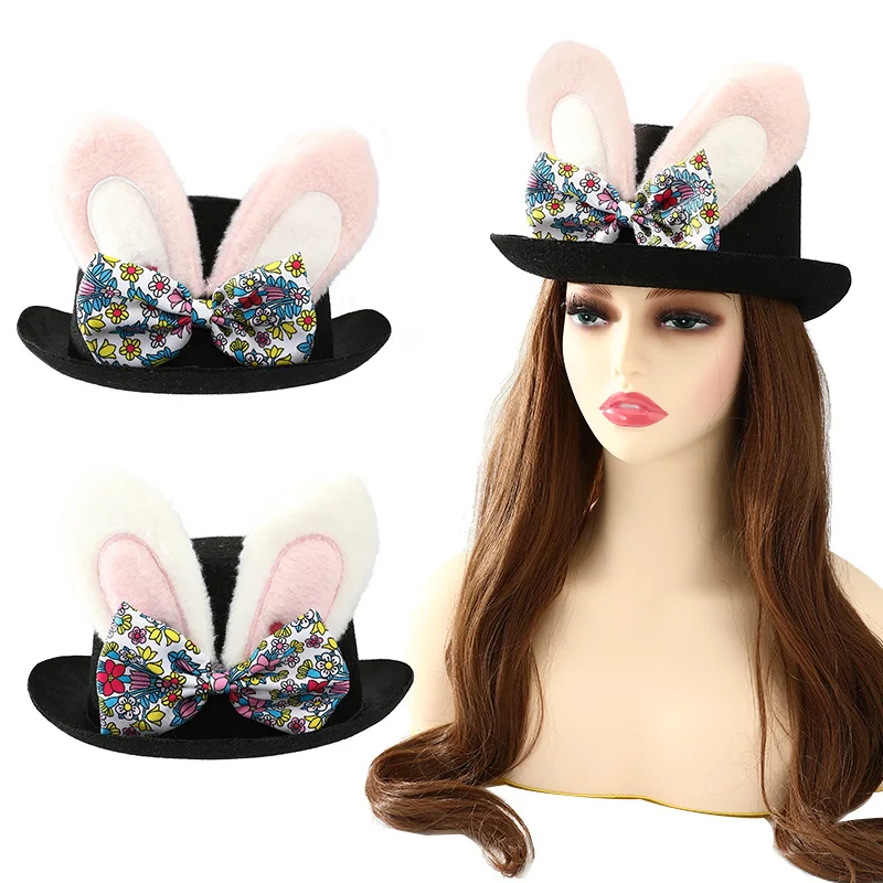 

Easter Day White Rabbit Ears Lattice Bow Magician Hat Fairy Tale Tea Party Hat Bunny Kids Favors Happy Easter Day Party Decors