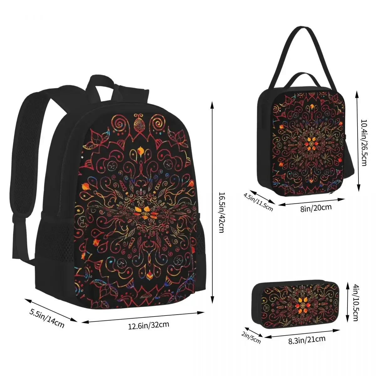 

Mandala With Black Background Backpacks Boys Girls Bookbag School Bags Cartoon Kids Rucksack Lunch Bag Pen Bag Three-Piece Set