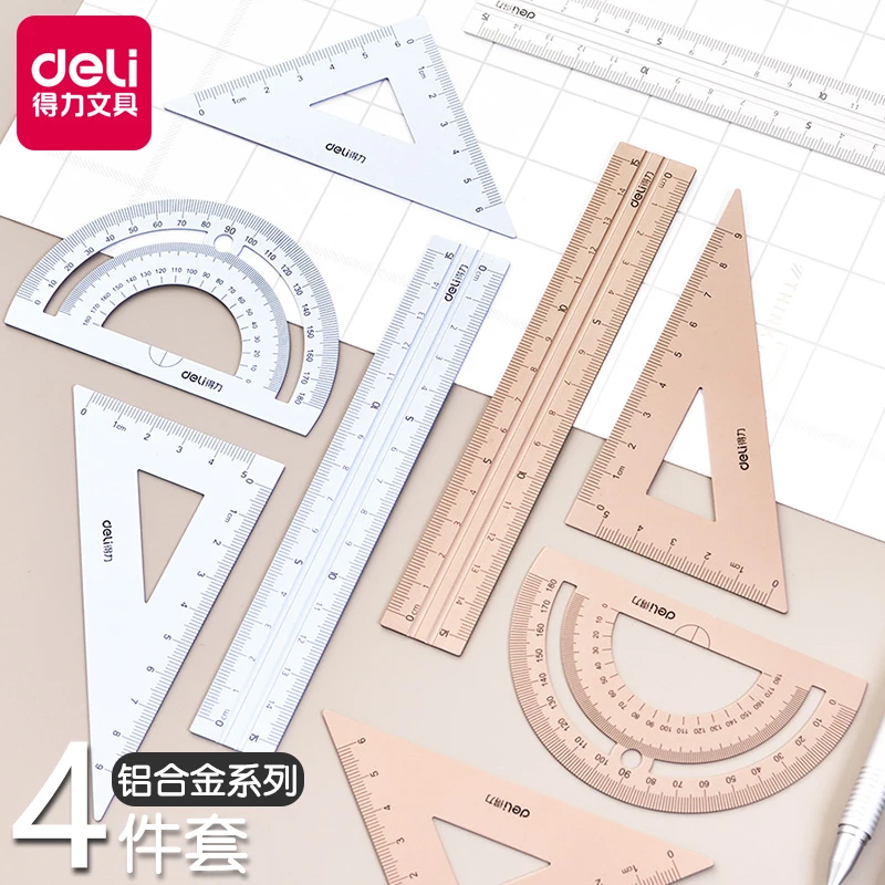 Deli Ruler Set aluminum alloy 4pcs/set Drawing Measurement Geometry Triangle straightedge Protractor a variety of rulers School 4pcs set ruler set drawing measurement geometry triangle straightedge protractor rulers mathematical for school