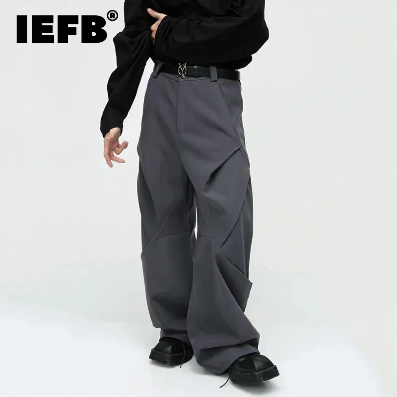 

IEFB Men's Trousers Solid Color Niche Design Pleated Splice Loose Casual Baggy Pant Trend Male Wide Leg Fold Streetwear 9C3088