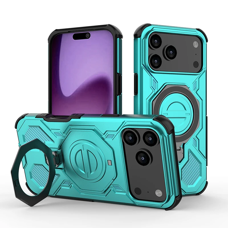360° Rotating Magnetic Metal Ring Holder Shockproof Phone Case with TPU Frame and Plastic Back Cover