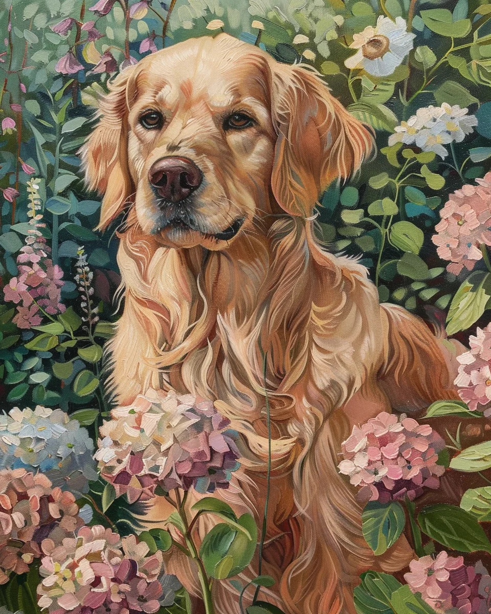 Una Pintura De Un Perro Golden Retriever Con Un Fondo Blanco. | Archivo, image size:960x1200