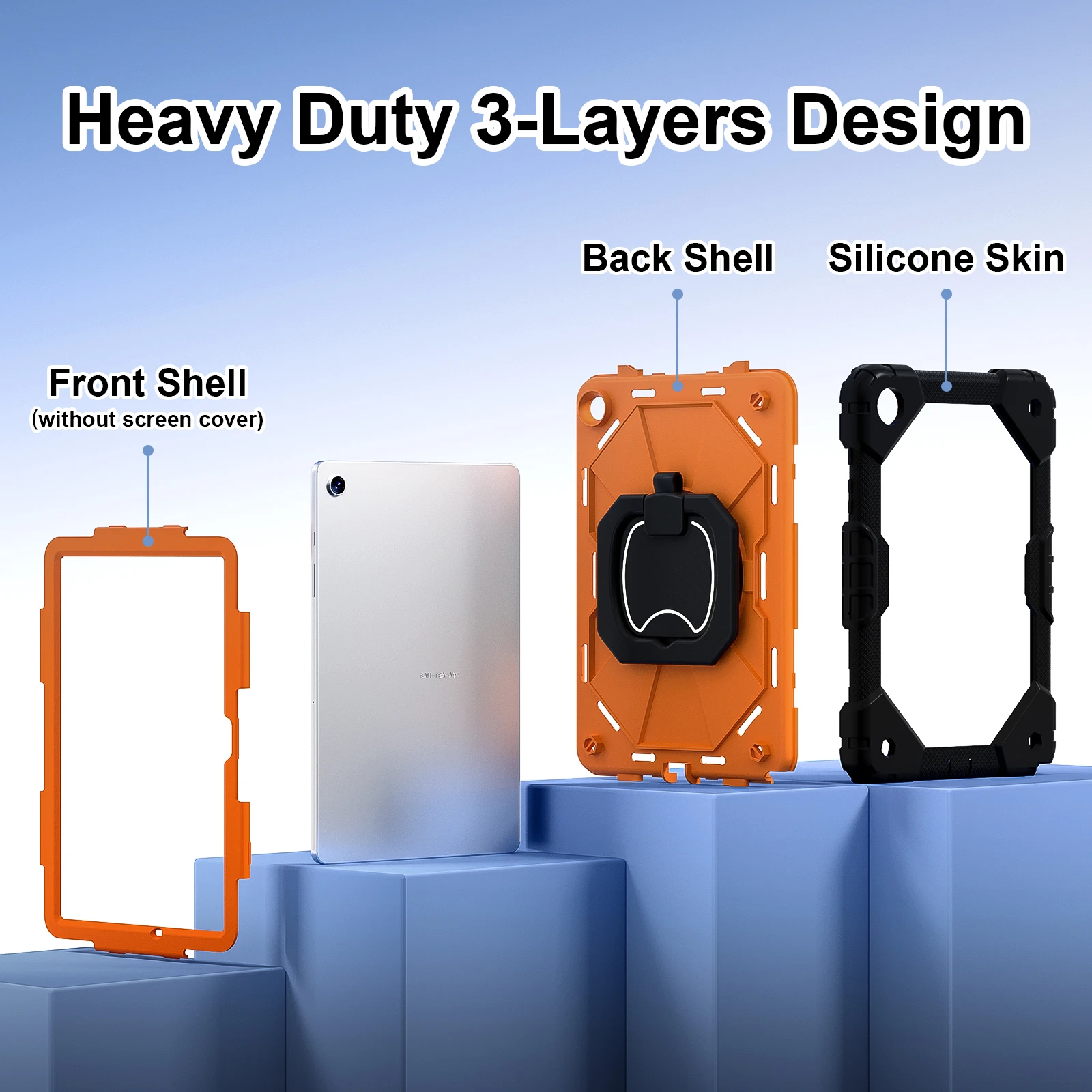 Heavy Duty Rotating Case with Stand, Handle Grip, and Neck Strap