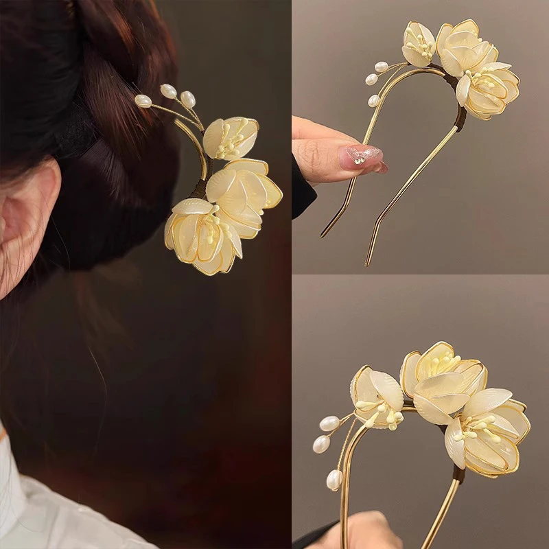 Elegante Vintage-Haarnadel aus Legierung, Magnolien-Design, Haarschmuck, Frisurverstärker, dekorative Kopfbedeckung, Haarkamm – Detail 2