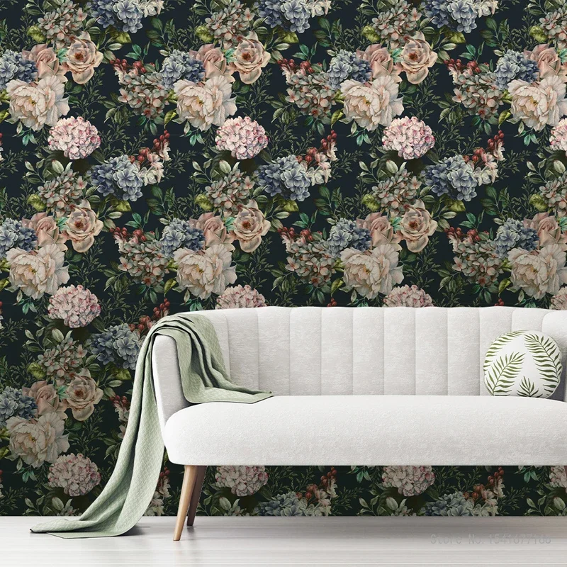 Creative Dark Black Flowers Plants PVC Retro Self-adhesive Wallpaper Living Room, 45cm * 300cm, Removable Renovation Murals, 1Pc