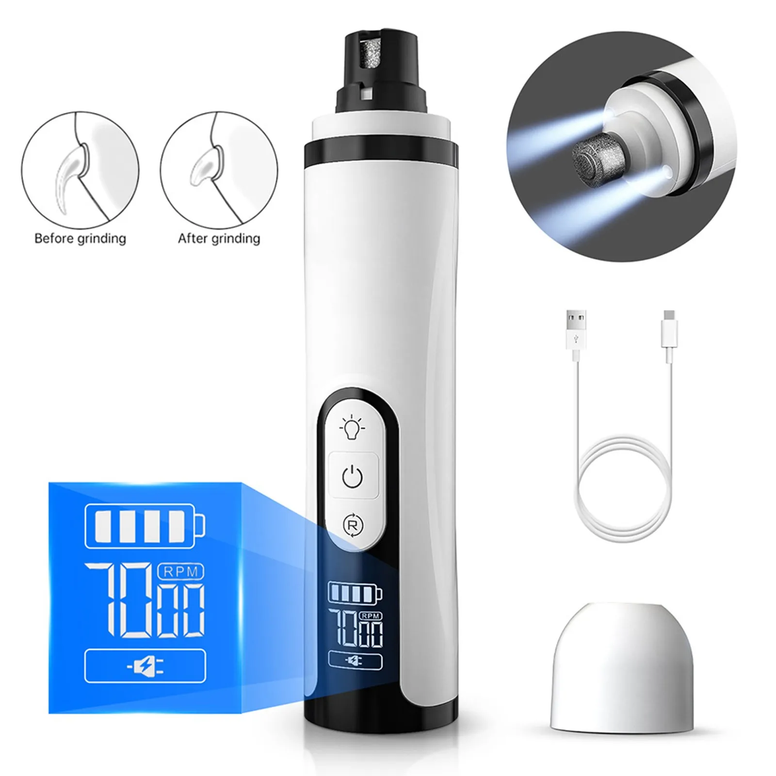 Ergonomischer, kabelloser Krallenschneider für Haustiere mit mehreren Schleifaufsätzen.