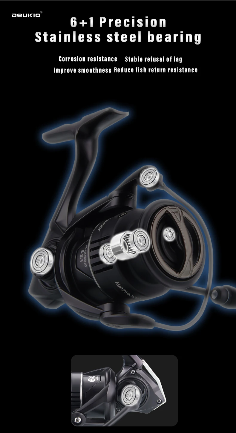DEUKIO Schwarze, leichte Spinn-Angelrolle mit Schraubgriff, 6 + 1BB, 8 kg Drag Power, Kohlefaser-Körper, Anti-Meerwasser-Angelspule – Detail 9