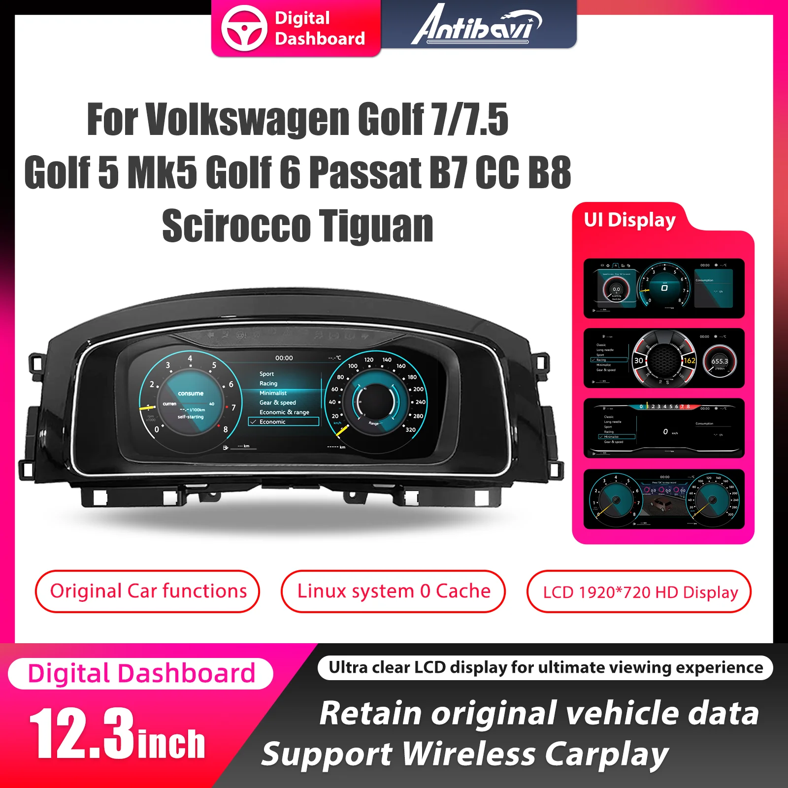 Panel de Instrumentos Digital LCD Linux 1920*720P para Volkswagen Scirocco, Tiguan, Seat León, Polo, Golf 5, Golf 6, Golf 7/7.5, MK5, MK6, MK7, Passat B6, B7, CC, B8, Cabina Virtual, Carplay Inalámbrico, Android Auto, GPS, Navegación, Velocímetro, Monitor, Actualización CAN BUS 1
