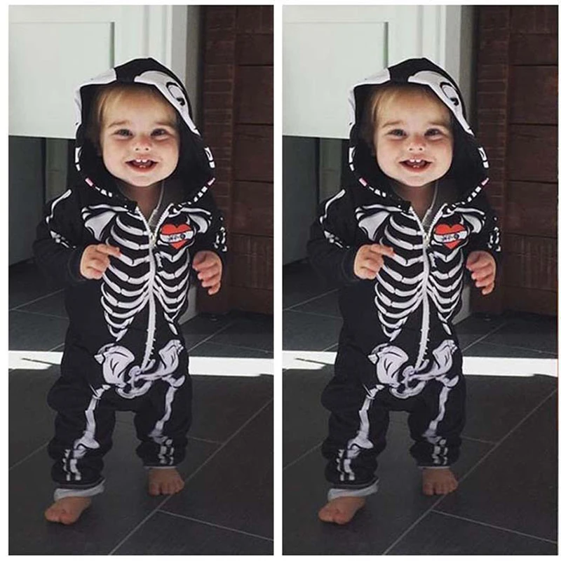 

0-24 Months Halloween Baby Romper Infant Girls Skeleton Printed Hooded Jumpsuit Halloween Party Cosplay Costume Baby Boy Clothes