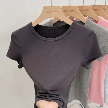 AOSSVIAO 2025 الصيف الأبيض القطن س الرقبة تي شيرت طالب قصيرة الأكمام تنوعا القمم الصلبة سليم صالح تي شيرت Y2k المحملة