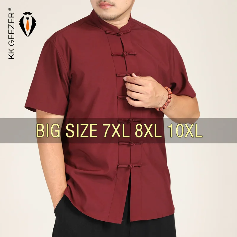 Men Shirt Mandarin Collar Oversize Short Sleeve Summer Plus Size 6XL 7XL 8XL 10XL Chinese Style Formal Black White Casual Retro