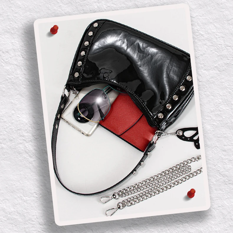 Classic Simple Women Black Patent Leather Metal Chain Butterfly Accessory Shoulder Underarm Bag Street Punk Style Rivet Handbag