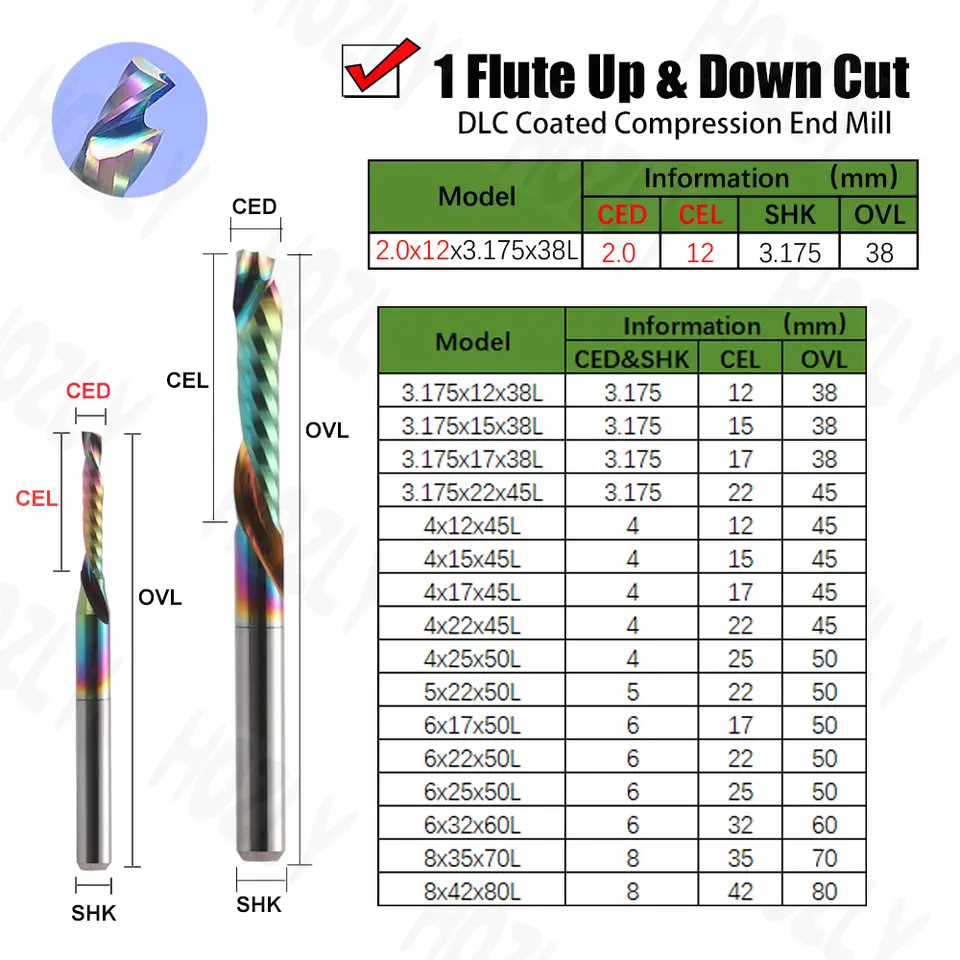 5PCS 3.175/4/5/6/8mm Endmill Up & Down Cut Single Flute Spiral Milling Cutter Wood Cutting Tool CNC Router Bit image 2