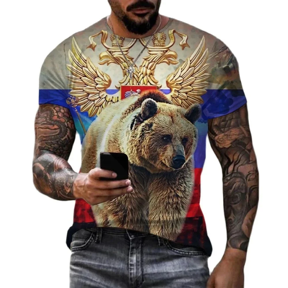 

2024 Summer New Russian Bear T-shirt Russian Flag Badge 3D Printed Men's Fashion Short Sleeve T-shirt Children's Tee Shirts Top