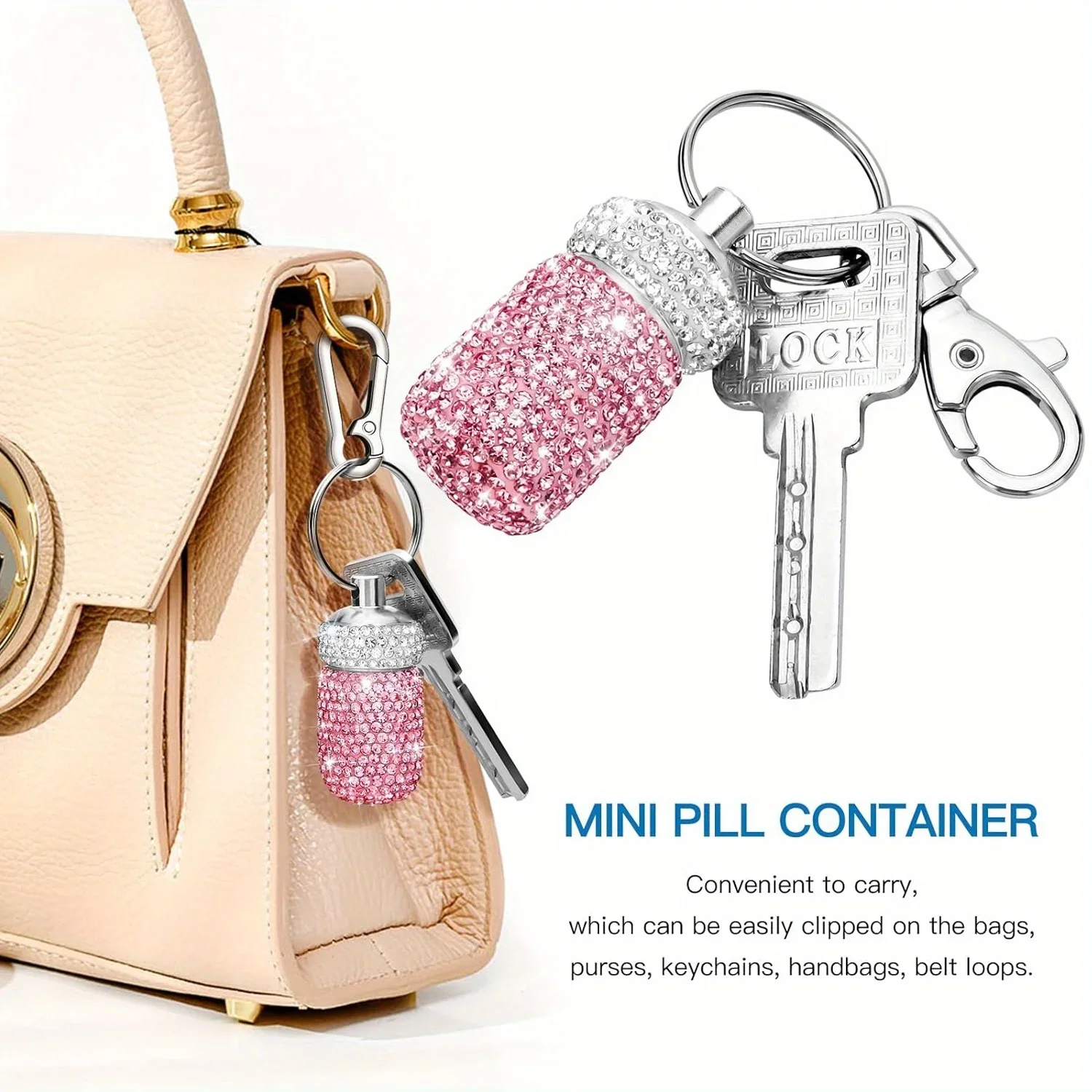 Bling Rhinestone Pill Container Case Waterproof Medicine Dispenser Holder with Keychain Cute Style INS Travel Pocket Pill Box