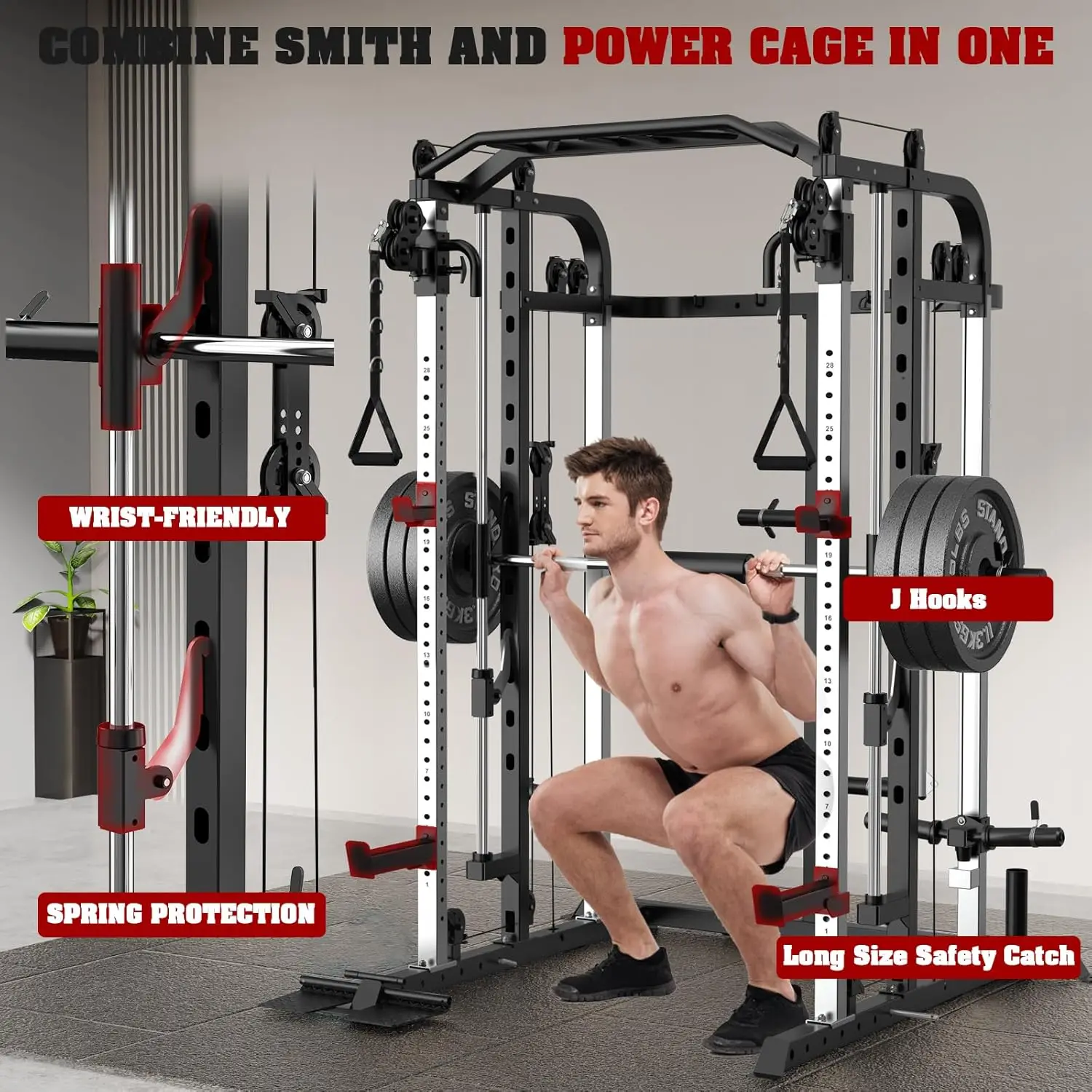 Multifunctional Power Cage Smith Bar Cable Pulley LAT Pull Down Home Gym Strength Training Equipment, Custom 5